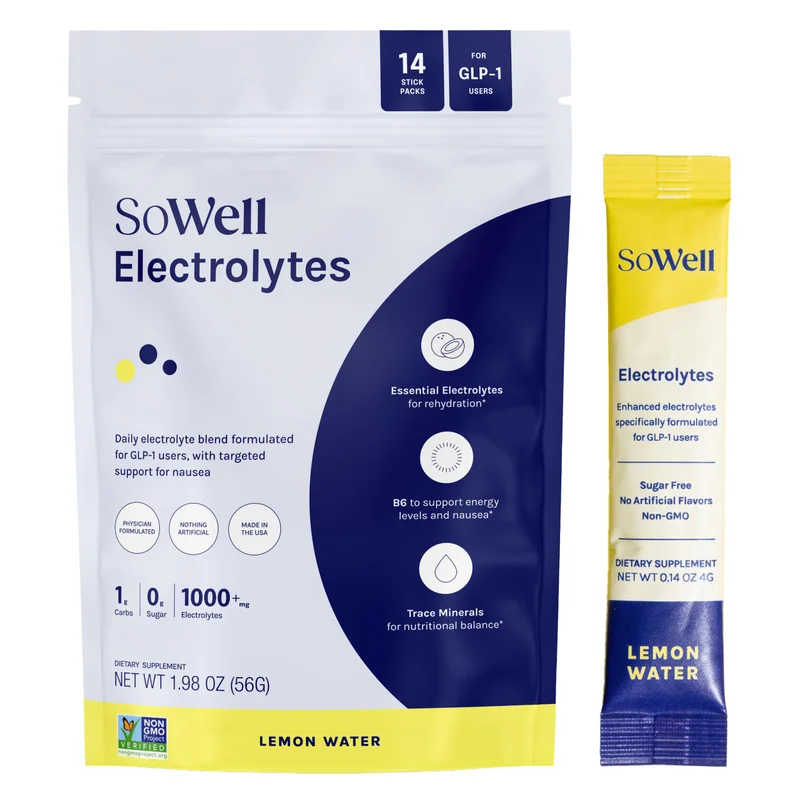 SoWell GLP-1 Electrolytes — Lemon Water, 14 sticks